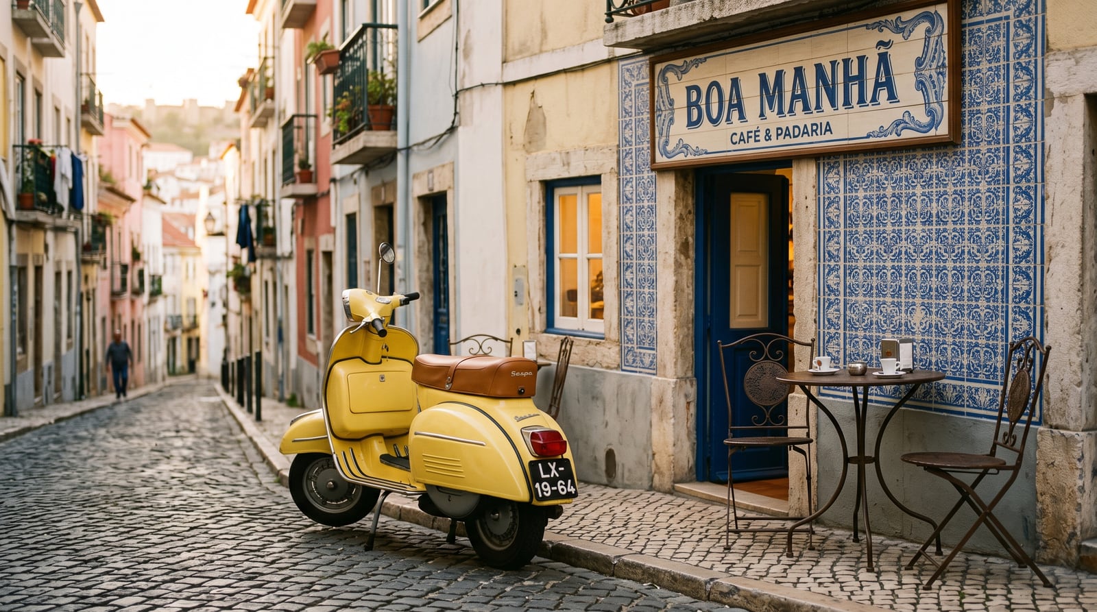 Yellow vintage scooter outside a blue-tiled Lisbon café whose sign reads BOA MANHÃ, generated with Nano Banana 2