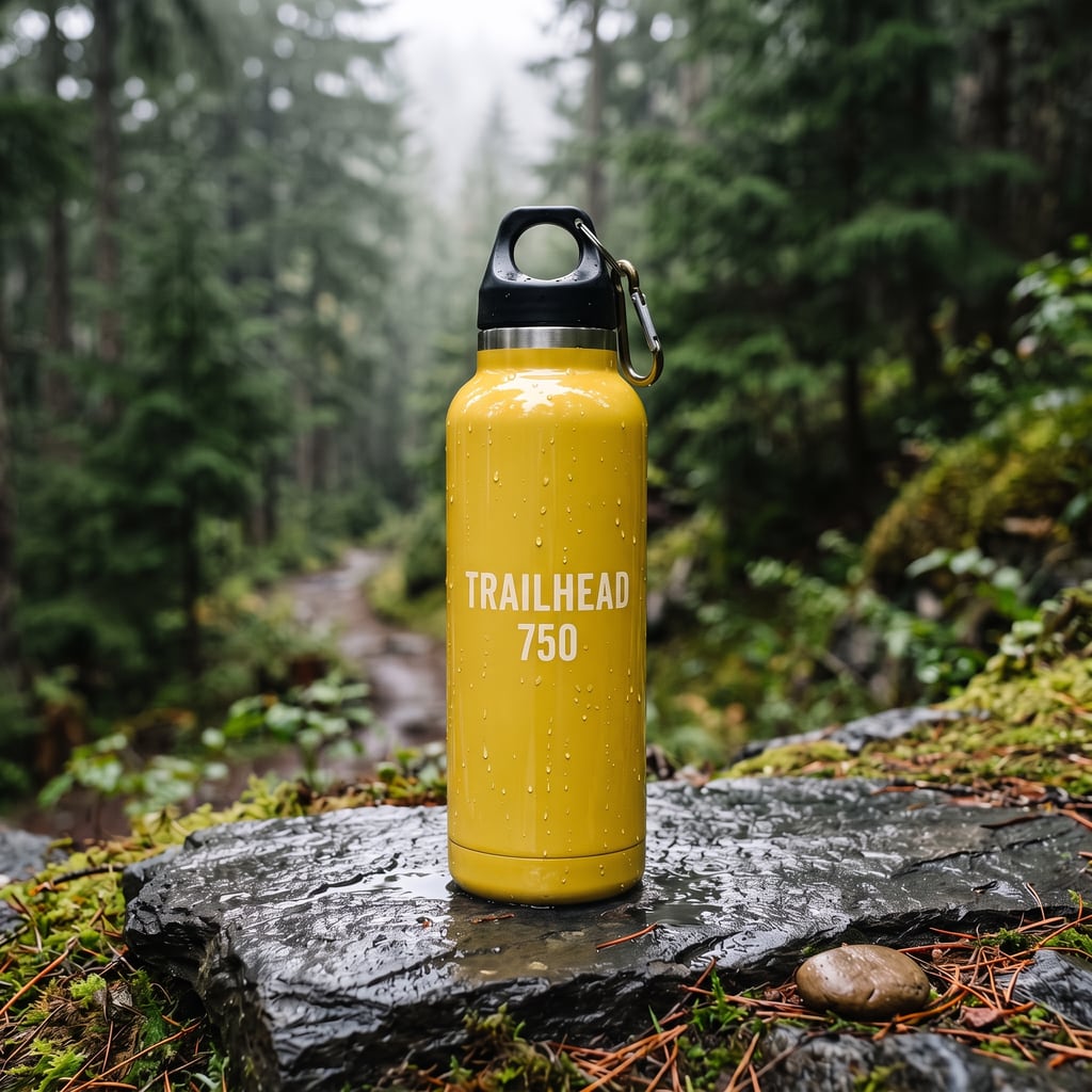The same bottle edited with Nano Banana 2 to glossy banana yellow, label, slate and forest unchanged