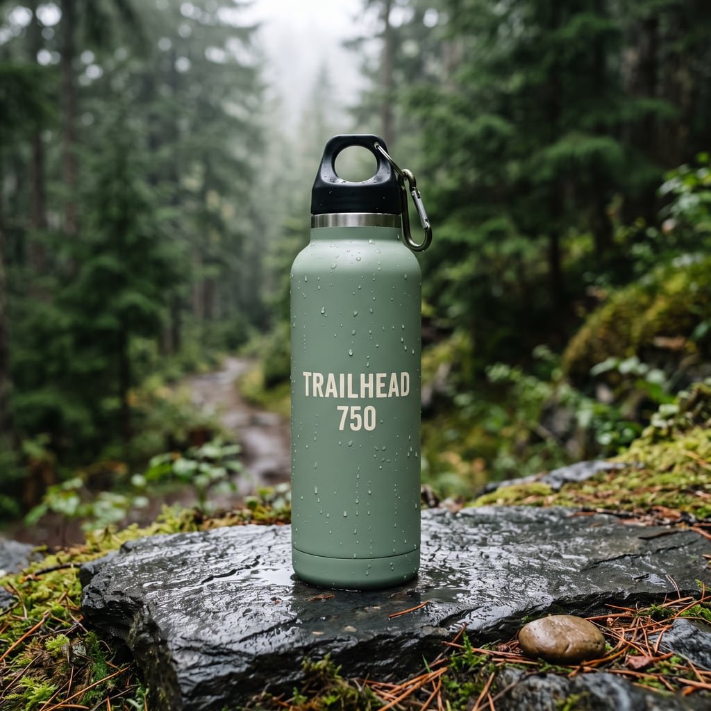 Sage-green water bottle labelled TRAILHEAD 750 on wet slate in a misty forest, generated with Nano Banana 2