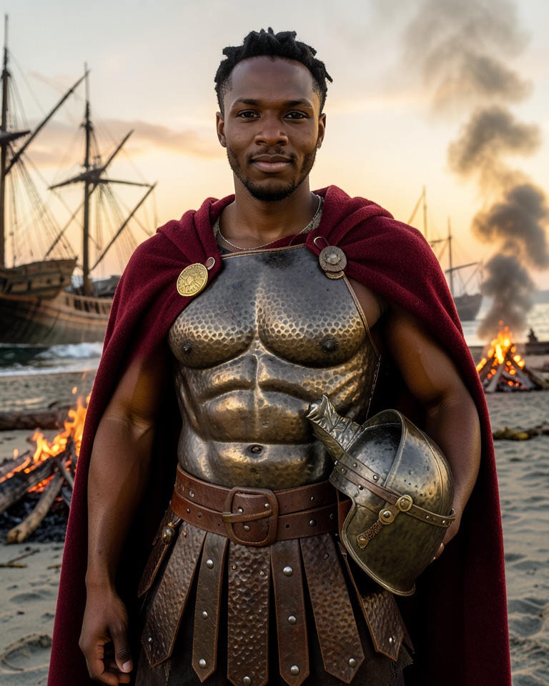 Man in a bronze muscle cuirass and crimson cloak holding a bronze helmet on a beach with wooden ships and campfires at sunset