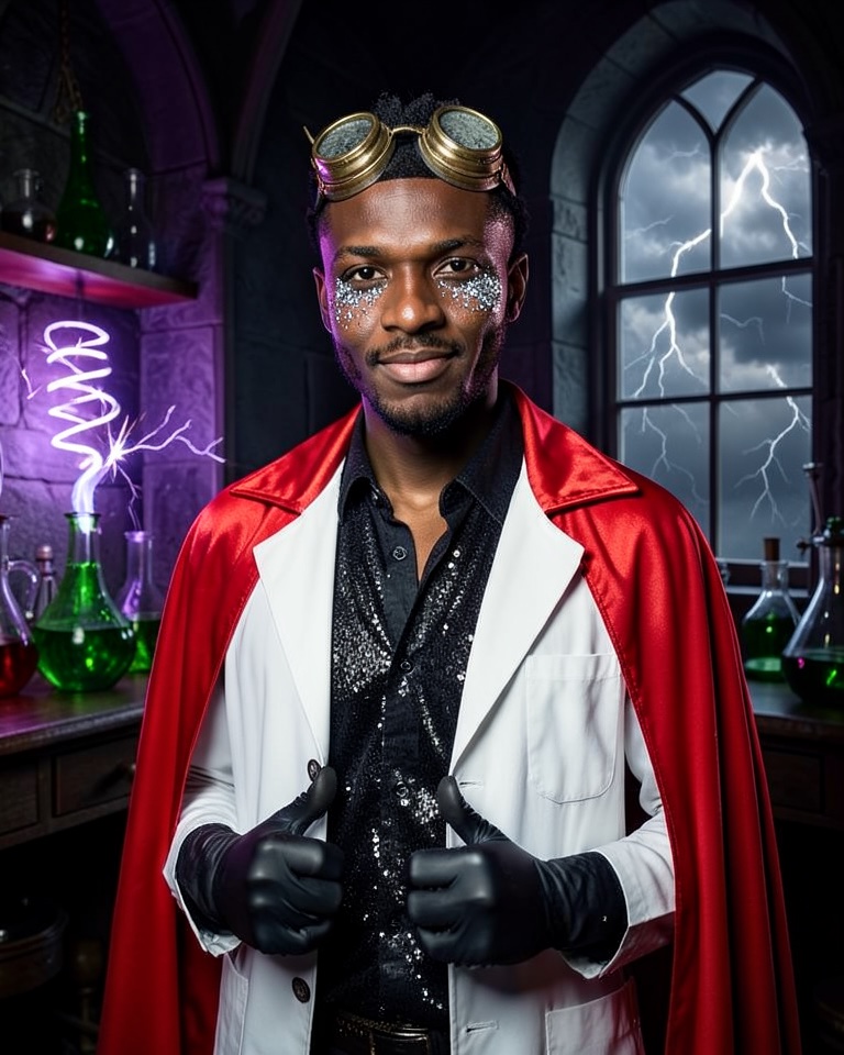 Smiling man in a white lab coat over a black sequined shirt, red satin cape, brass goggles and silver glitter around his eyes in a gothic lab