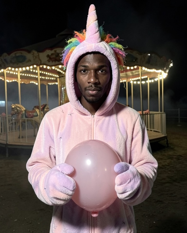 Man with deep brown skin in a faded pink plush unicorn mascot suit with rainbow mane, holding a pink balloon in front of a lit carousel at night