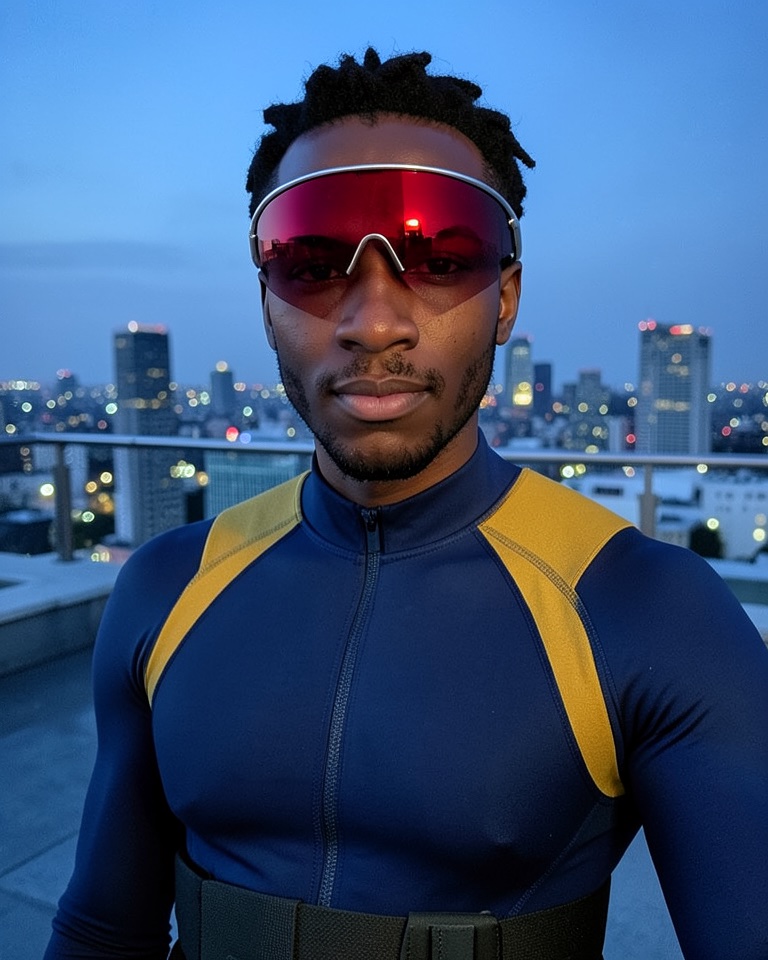 Man in a navy bodysuit with mustard-yellow shoulder panels and a translucent ruby-red wraparound visor on a city rooftop at dusk