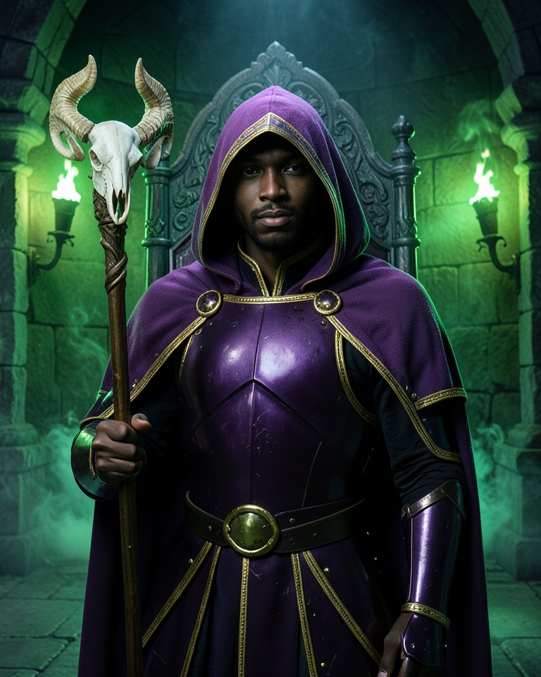 Man in violet armour and a hooded purple cape with gold trim holding a staff topped with a ram skull, green torches behind him